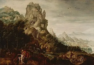 Pintura: Mountainous landscape with the Good Samaritan tending the wounds of the traveller  (Luke 10:25-37)